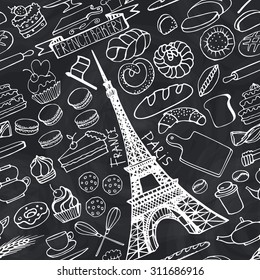 Doodle vector.French Bakery,Cakes,dessert,bread pastries icons set with Eiffel tower.Linear vintage elements for logo,label,menu,cafe shop.Flat hand drawn isolated items.Isolated Chalkboard collection
