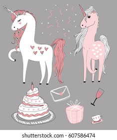 Doodle vectr set. Unicorn wedding elements.