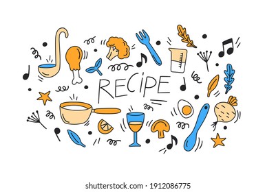 Doodle vegan food, vegetables, fruits, mushrooms, soy meat, soy milk and tableware. Ecological products, replacement of animal products. Hand drawing, self care concept for vegetarians 