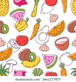 Doodle vegan seamless pattern. Fruits and vegetables, hand drawn style fresh food. Kitchen fabric print design, neoteric vector background