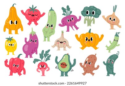 Personajes de verdura de garabatos. Mascotas divertidas de verduras, alimento vegetal saludable producto de compras con tierno dibujo de kawaii se enfrenta a un conjunto de ilustraciones vectoriales. Recolectar ingredientes nutritivos con sonrisas