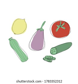 Doodle vegetable drawings. Hand drawn line art illustration. Colorful summer foods.