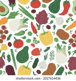 Doodle vegetables, avocado, carrot, tomatoes seamless pattern. Hand drawn organic veggies, vegetarian menu pepper, onions and potato vegetarian food vector pattern