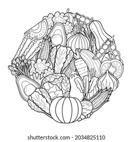 Doodle vegetables circle shape pattern for coloring book. Food mandala coloring page. Black and white print with pumpkin, tomato, cabbage, avocado and other. Vector illustration