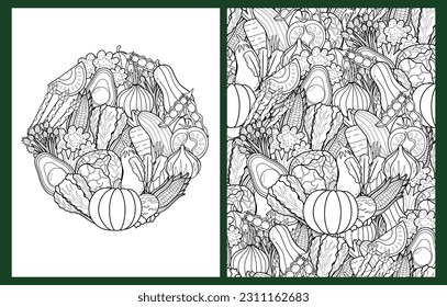 Doodle vegetables coloring pages set in US Letter format. Black and white healthy food background templates for coloring book. Vector illustration