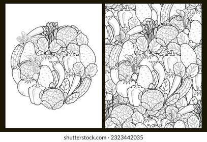 Páginas de coloreo de verduras de garabatos en formato Carta de EE. Plantillas de fondo para alimentos sanos en blanco y negro para libros de colorantes. Ilustración del vector