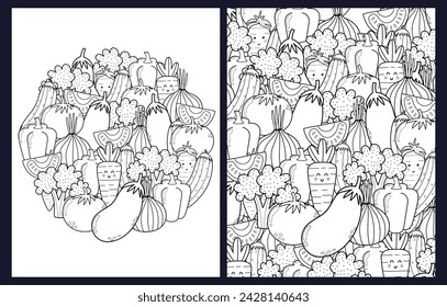 Doodle vegetables coloring pages set in US Letter format. Black and white healthy food background templates for coloring book with eggplant, tomato, broccoli and others. Vector illustration