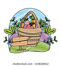 doodle vegetables and fruits inside hamper farm products