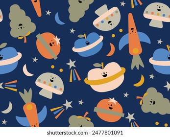 DOODLE VEGETABLES AND FRUITS UNIVERSE GALAXY ALL OVER PRINT SEAMLESS PATTERN VECTOR ILLUSTRATION