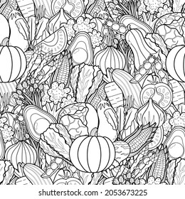 Doodle vegetables seamless pattern for coloring book. Food background coloring page. Black and white print with pumpkin, tomato, cabbage, avocado and other. Vector illustration