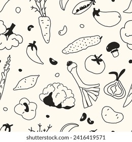 Doodle vegetables seamless pattern. Cute veggie repeating print, background design in hand drawn simple style. Vector texture for fabric, textile, wallpaper, decoration