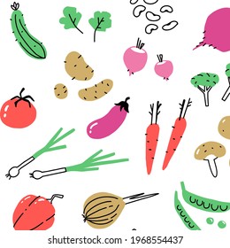 Patrón sin fisuras de verduras de garabatos. Comida vegetariana sana, ensalada verde, verduras de dibujos animados frescos, conjunto de vectores sin soldadura