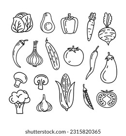 Doodle Veggies Set. Line Art Vegetables Illustration With Tomato, Cucumber, Mushrooms, Pepper, Onion, Cabbage etc.