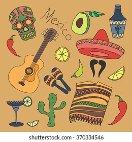 Doodle vektor mexico with hand drawn mexican elements. Guitar, sombrero, tequila, taco, skull,rum, aztec mask, music instruments.. Travel to Mexico texture.