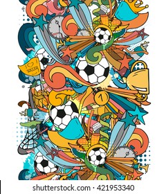 Doodle vertical seamless soccer composition with sport objects and decoration elements. Vector illustration. Hand drawn colorful outline style for banner, poster, advertisement