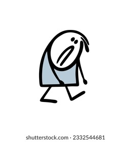 Doodle very tired stickman walks with a sad face and lowered hands. Vector illustration of person in depression. Cartoon stick man character isolated on white background. 