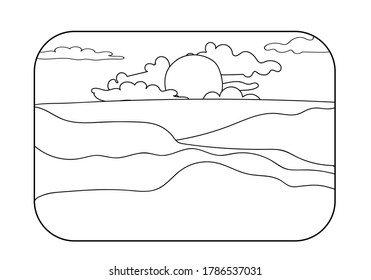 Vista de garabatos desde la ventana del tren. Sol detrás del valle de las colinas, nubes. Amanecer o atardecer dibujado a mano en línea de arte. Ilustración vectorial aislada en blanco. Para imprimir, postales, afiches, fotografiar libros