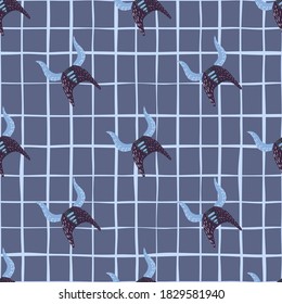 Doodle viking helmets silhouettes seamless pattern. Navy blue colored nordic cartoon history ornament. Chequered background. For fabric design, textile print, wrapping, cover. Vector illustration.