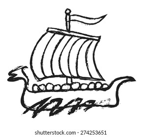 doodle viking ship, viking boat, vector illustration