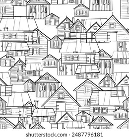 Doodle edificios del pueblo. Línea en blanco y negro arte patrón sin fisuras de varias casas, creando una escena abstracta visualmente atractiva. Arquitectura monocroma esquemática