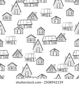 Edificios del pueblo Doodle. Arte de línea blanco y negro patrón transparente de varias casas, creando una escena abstracta visualmente atractiva. Esquema de la arquitectura monocromática