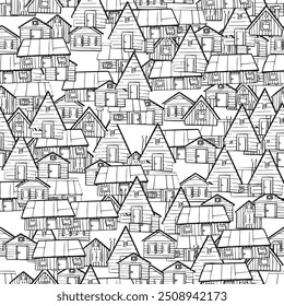 Edificios del pueblo Doodle. Arte de línea blanco y negro patrón transparente de varias casas, creando una escena abstracta visualmente atractiva. Esquema de la arquitectura monocromática