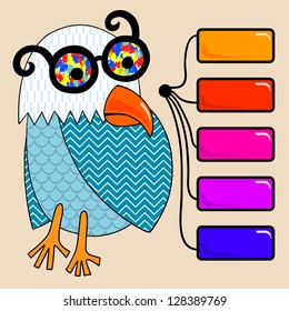 doodle vintage cartoon comic funny bird with colored glasses and  button