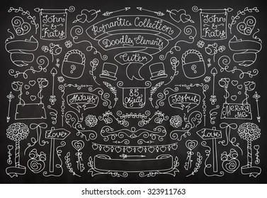 Doodle vintage decorative elements with birds, hearts, ribbon, flowers, arrows, lettering. Romantic for design wedding, valentine day. Hand drawn vector illustration isolated on black.