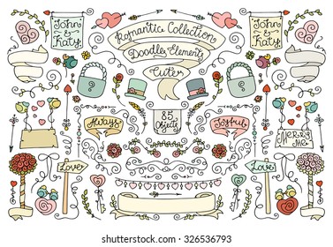 Doodle vintage decorative elements with birds, hearts, ribbon, flowers, arrows, lettering. Romantic for design wedding, valentine day. Hand drawn colored vector illustration isolated on white.