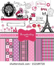 Doodle vintage objects - scrapbook collection.  7 seamless backgrounds. vector illustration 