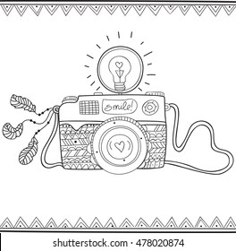 doodle vintage photo camera with a note smile and feathers attached to camera, cute camera sketch, vector illustration, coloring pages