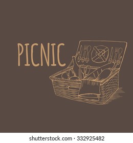 doodle vintage picnic basket with food and drinks, outline container with vegetable, hand drawn retro box 