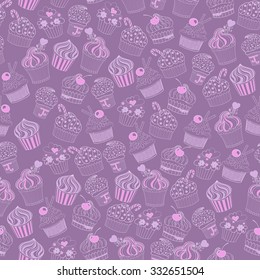 Doodle violet cupcakes seamless  pattern