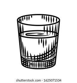 Doodle vodka shot isolated on white background. Full shot glass of alcohol. Bar menu design. Transparent drink glass.Vintage engraved style. Vector illustration