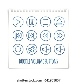 Doodle volume buttons set, pen drawn effect, vector illustration. Graphic design element for web, mobile app, players, prints.