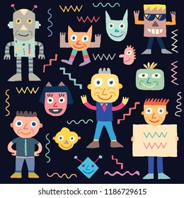 Doodle Wacky Funny Characters 1. Vector Illustration Black Background.