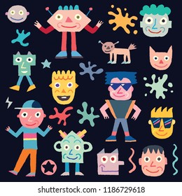 Doodle Wacky Funny Characters 2. Vector Illustration Black Background.