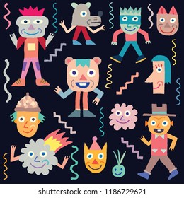 Doodle Wacky Funny Characters 3. Vector Illustration Black Background.