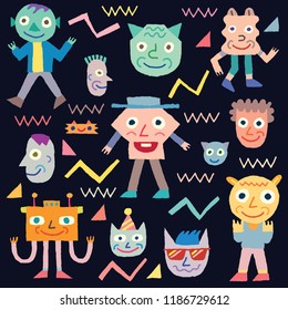Doodle Wacky Funny Characters 4. Vector Illustration Black Background.