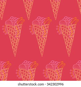 Doodle wafer cone with fruits, fruit and berry ice-cream  