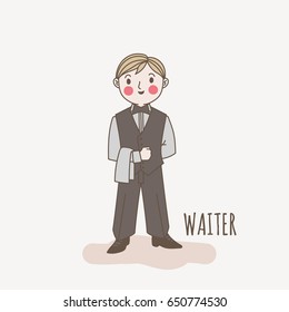 Doodle waiter. Cartoon style man. Vector employee illustration.
