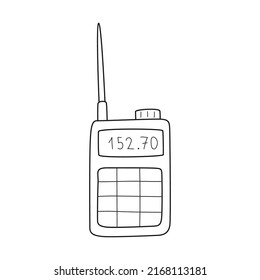 Doodle walkie-talkie, a device for remote communication. Radio station. Equipment for hiking, tourism, travel, vacation, car rally. Outline black and white vector illustration isolated on white.