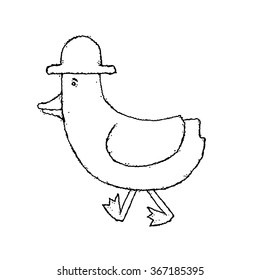 Doodle walking duck in hat. Vector illustration