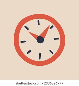 Reloj de pared de Doodle. Manos de marcado redondo. Hora y minuto de visualización. Hora de la mañana. Reloj despertador dibujado a mano roja. Imagen de Tres colores. Elemento aislado. Ilustración vectorial.