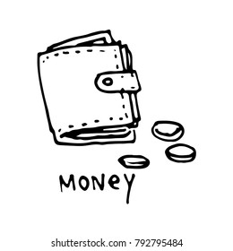 Doodle wallet icon ink hand drawn sketch outline black on white vector design for coloring book page