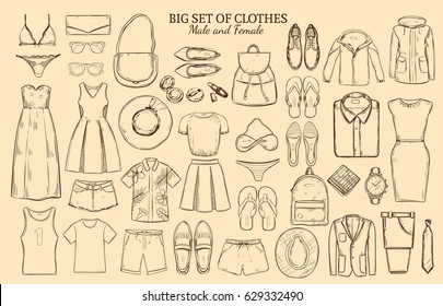 Doodle wardrobe elements collection with male and female clothes and accessories on brown background isolated vector illustration