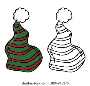 Doodle de sombrero de elfo caliente. Ilustración vectorial dibujada a mano. Esbozo vintage de caricatura de ropa de invierno. Conjunto de contorno negro y elementos de color aislados en blanco. Para el diseño, la decoración, la impresión, la tarjeta, la pegatina.