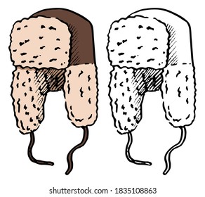 Doodle of warm hat earflaps. Hand drawn vector illustration. Cartoon vintage sketch of winter clothes. Set of black contour and color element isolated on white for design, decor, print, card, sticker.