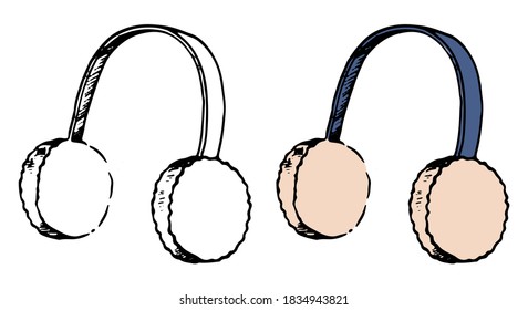 Doodle of warm headphones. Hand drawn vector illustration. Cartoon vintage sketch of winter clothes. Set of black contour and color element isolated on white. For design, decor, prints, card, sticker.