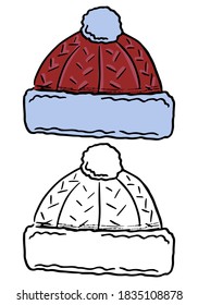 Doodle of warm knitted hat. Hand drawn vector illustration. Cartoon vintage sketch of winter clothes. Set of black contour and color elements isolated on white. For design, decor, print, card, sticker